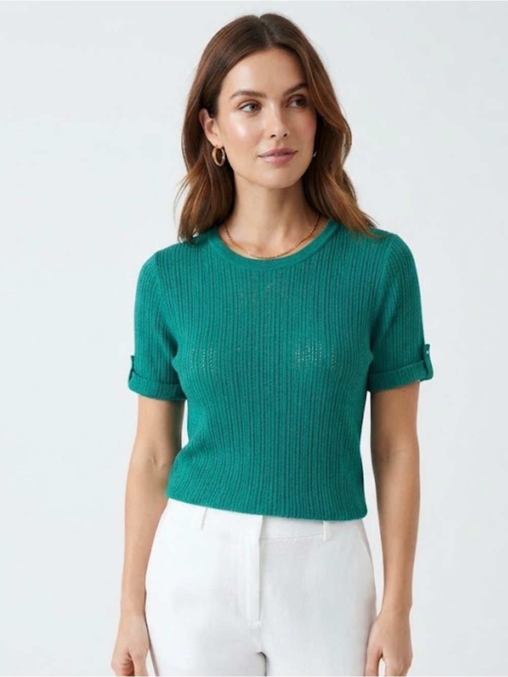 Calypso St. Barth Teal Ribbed Short Sleeve Sweater